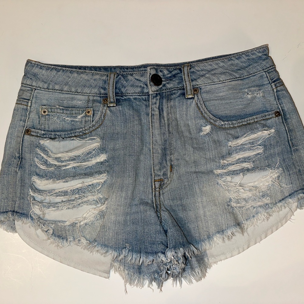 American Eagle Women’s Size 8 Denim Shorts – Heavily Distressed, Frayed Hem, 2"